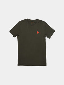The Heart T-shirt in Olive/Orange is made of 100% cotton in the USA.