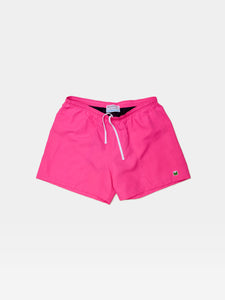 The Jeffery Hybrid Trunks in Neon Pink are cut in a soft moisture wicking cotton/nylon blend with a mesh lining.